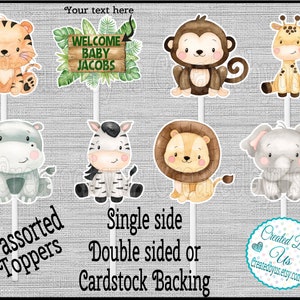 Jungle Safari Cupcake Toppers Safari Baby shower toppers Birthday party favors cupcake picks Double Sided cupcake topper 12 assembled 1a