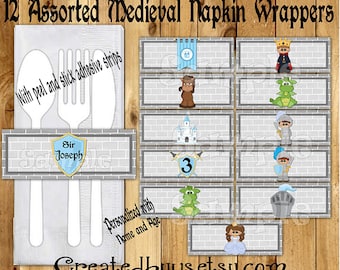 Knights and Dragons Napkin wraps Baby boy shower Decorations Medieval napkin bands Paper napkin ring holder Dragon utensil wraps 12 printed