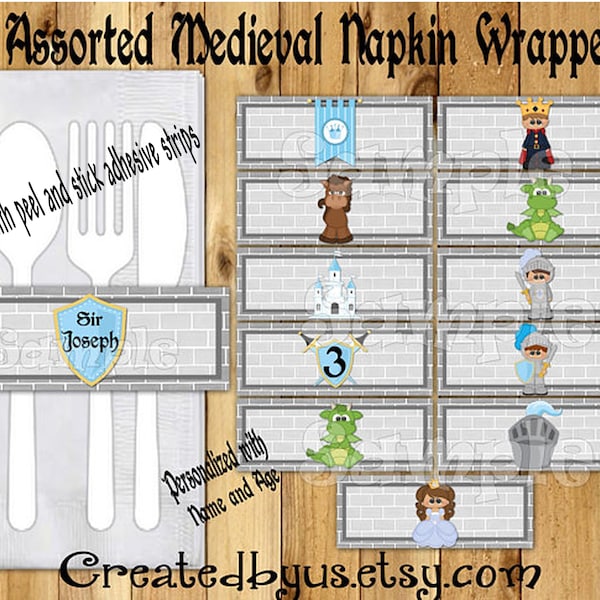 Knights and Dragons Napkin wraps Baby boy shower Decorations Medieval napkin bands Paper napkin ring holder Dragon utensil wraps 12 printed