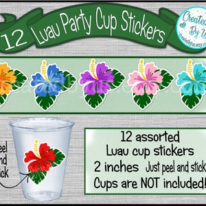 Luau party cup stickers Hibiscus cup stickers Hawaiian party favors disposable cup stickers Luau treat bag stickers Luau Party Favors