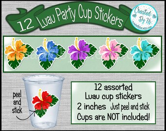 Luau party cup stickers Hibiscus cup stickers Hawaiian party favors disposable cup stickers Luau treat bag stickers Luau Party Favors