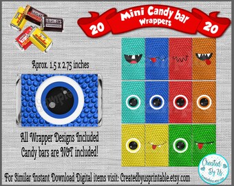 Monster Birthday mini candy bar wrappers Monster face Birthday Party favors Monster candy bar wraps candy bar stickers 20 ct. peel and stick