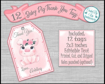 Baby Girl Pig Thank you tags birthday party tags PERSONALIZED Girl piglet baby shower floral pig Party favors Custom gift tags 12 PRECUT