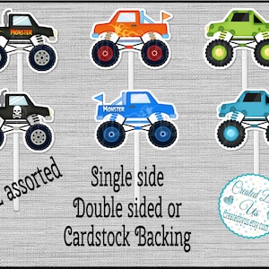 Monster truck cupcake toppers Monster truck Birthday party favors cupcake picks Double Sided Truck cake topper cup cake top 12 assembled