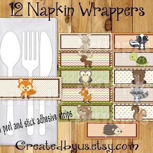 May include: Twelve printable napkin wrappers featuring woodland animals. The wrappers are brown, green, and orange with white polka dots. The animals include a fox, a deer, a bear, a raccoon, a squirrel, a hedgehog, a turtle, an owl, a moose, a skunk, a rabbit, and a bear. The text "With peel and stick adhesive strips" and "Created by us.etsy.com" is included on the wrappers.
