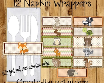 Woodland Napkin wraps Woodland Baby shower Decorations Forest animals napkin band Paper napkin ring holder utensil wrapper 12 peel and stick
