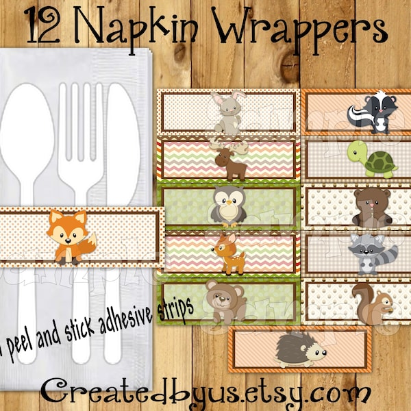 Woodland Napkin wraps Woodland Baby shower Decorations Forest animals napkin band Paper napkin ring holder utensil wrapper 12 peel and stick