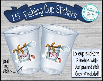 Fishing party cup stickers The Big One Cup stickers Fishing bait Disposable cup stickers Fishing First Birthday Fishing Treat bag stickers