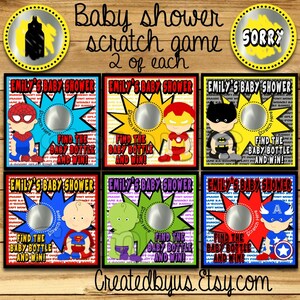 Baby shower scratch off cards Superhero Baby boy Scratch Game Scratch Boy Baby Superhero Scratch off game Favors Scratch tags 12 Precut