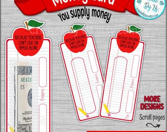 Teacher money card holder Teacher appreciation gift Teacher thank you card Teacher cash gift card End of year gift Can't live on apples card