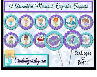 Mermaid Cupcake Toppers Party Decoration Mermaid themed Birthday cupcake pick Teal Purple Aqua Gold Cake topper Under Sea party 12 assembled