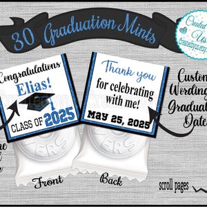 Graduation Mint Favors Blue Black Graduation Party mints Class of 2025 Printed Mint Topper Personalized Party Favors Thank you favors Precut