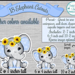 Baby Girl blue Elephant cutouts party decorations Girl elephant baby shower It&#39;s a Girl Sunflower Elephants 1st Birthday decor 18 Die cuts