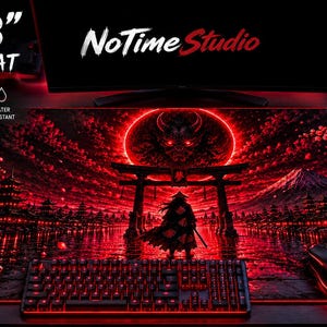 May include: An XXL desk mat, 36" x 18", features a red Japanese-inspired design with a demon, torii gates, and pagodas. The mat has the text "NoTime Studio" and includes icons for ultimate control, premium quality, non-slip base, and water resistance.