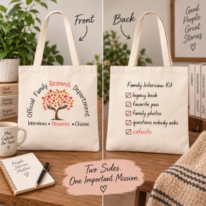 May include: A cream-colored canvas tote bag shown from two sides. The front features a tree graphic with hands and the text Official Family Research Department. The back displays a checklist titled Family Interview Kit with items like legacy book.