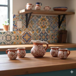 Puede incluir: Una jarra de cerámica de color terracota y tazas a juego con diseños florales blancos. La jarra tiene un borde festoneado blanco y un asa. Las tazas y la jarra están dispuestas sobre una superficie de madera.