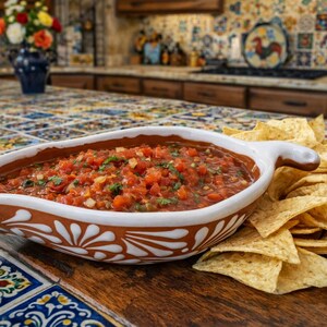 May include: A white and brown ceramic salsa dish filled with red salsa, garnished with coriander, and a pile of tortilla chips. The dish has a decorative floral pattern. The salsa and chips are on a wooden table.
