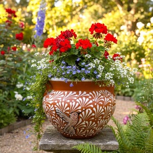 Puede incluir: Una maceta grande de terracota con un patrón blanco y marrón y una ilustración de colibrí. La maceta está llena de geranios rojos vibrantes, flores blancas y azules y vegetación colgante. La maceta se encuentra sobre un pedestal de piedra en un jardín.