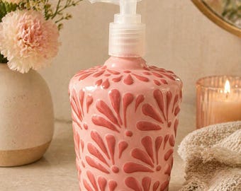 Talavera Soap Dispenser | Pink With Pink Floral Print | Lead Free || ArteyAlmaMexicana