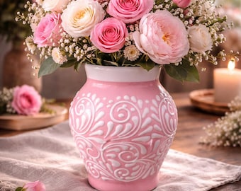 Handmade Pink With White Floral Print Flower Vase
