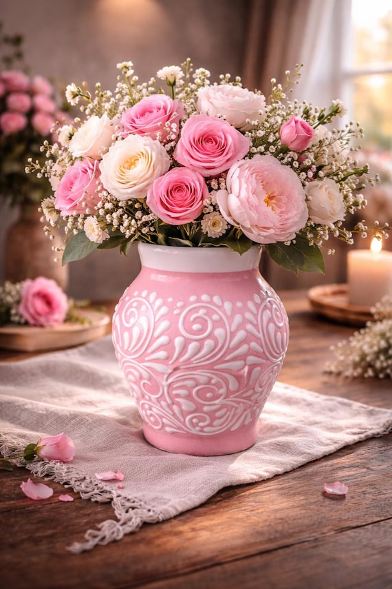 Handmade Pink With White Floral Print Flower Vase