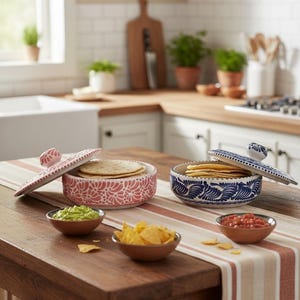 May include: Two ceramic tortilla warmers with lids, one pink with a floral design and one blue with a wave pattern, sit on a wooden table. Small bowls of guacamole, salsa, and tortilla chips are also present.