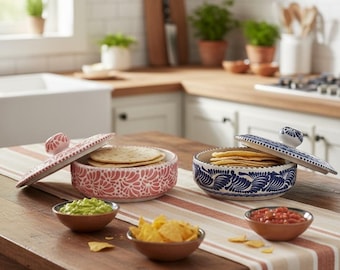 Calentador de tortillas de talavera mexicano hecho a mano – Cerámica azul y blanca, sin plomo, apto para lavavajillas, 9.75” // ArteyAlmaMexicana