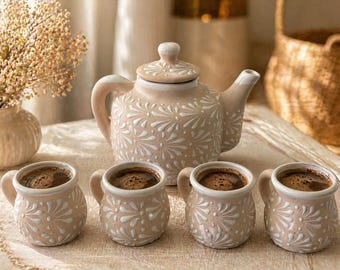 Juego de café y té Talavera hecho a mano / Cerámica mexicana con grabados florales // ArteyAlmaMexicana