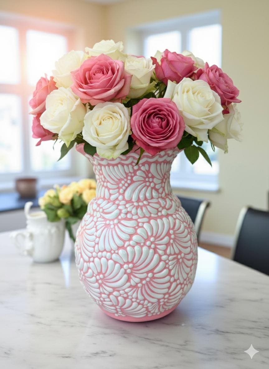 Handmade Mexican Talavera Pink & White Flower Vase| Sealed Interior | Decorative Pottery || Arteyalmamexicana