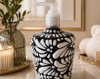 Talavera Soap Dispenser | Black With White Floral Print | Lead Free || ArteyAlmaMexicana