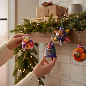 Bunte handgemachte mexikanische Ornamente | 4er-Set mit Blumendrucken | Weihnachtsdeko |ArteyAlmaMexicana