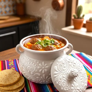 Può includere: Una zuppiera in ceramica bianca con un motivo floreale in rilievo, piena di zuppa fumante e polpette. Il coperchio è di lato. Tortillas e un tessuto a righe colorate sono sul tavolo di legno.