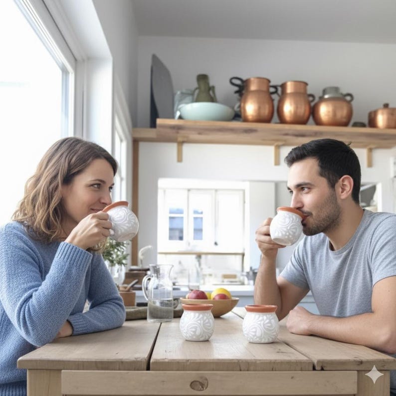 May include: A couple enjoying coffee, each holding a white ceramic mug with a floral design and a brown rim. The mugs sit on a wooden table, alongside two additional mugs. The scene is set in a bright, well-lit kitchen.