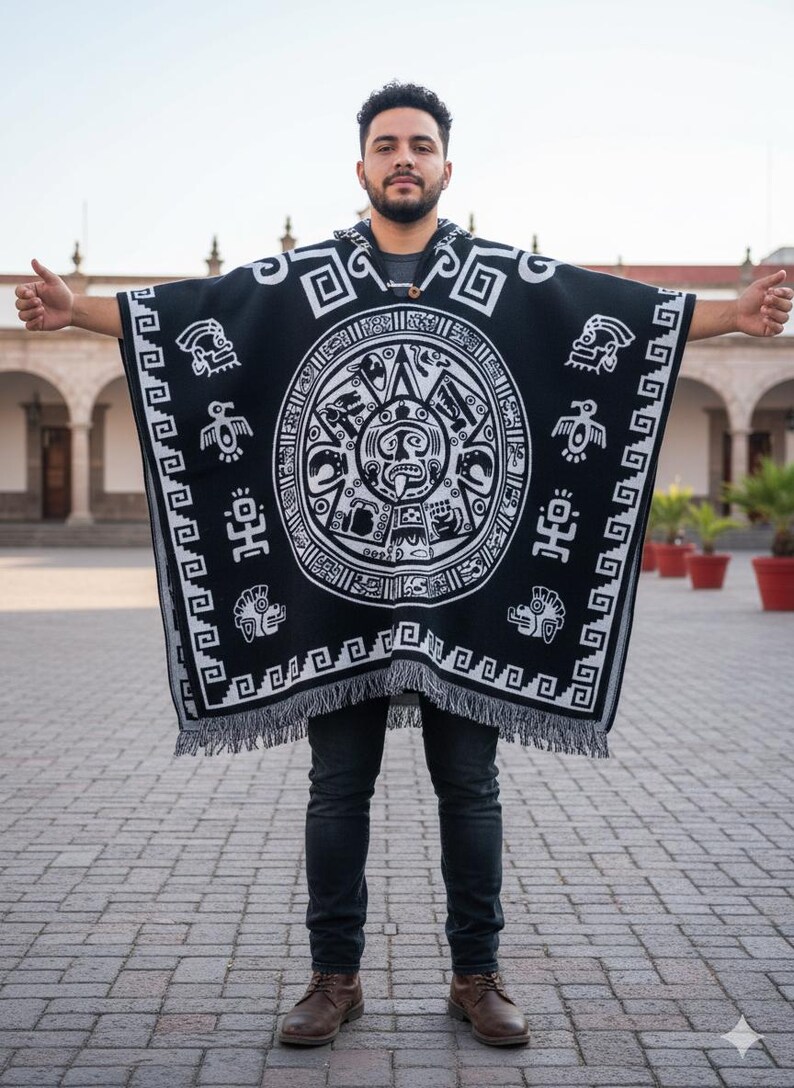 Aztec Rug Poncho Handmade Aztec Calendar Poncho (gabán) Made in Ecuador – One Size ...