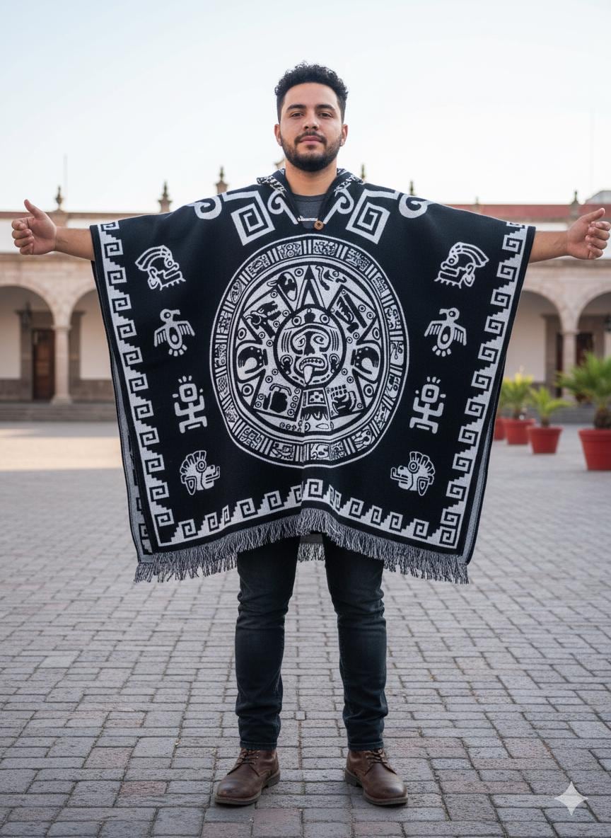 Handmade Aztec Calendar Poncho (Gabán) Made In Ecuador - One Size ArteyAlmaMexicana