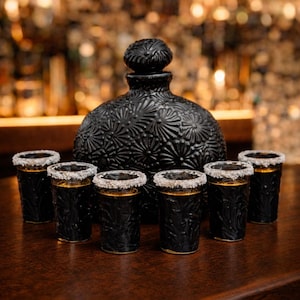 Op de afbeelding: Een zwart, sierlijk drankstel met een bijpassende karaf, een stop en zes shotglaasjes. De glazen hebben een zoutrand. De set staat op een donker houten oppervlak, met een vage bar-achtergrond.