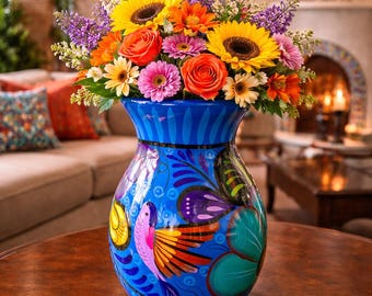 Handmade Flower Vase Mexican Pottery | Humming Bird & Flower Print || ArteyAlmaMexicana