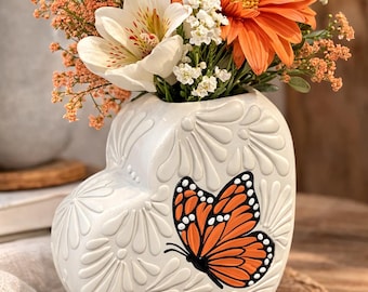 Handmade Heart Flower Vase | Mexican Pottery with Butterfly || ArteyAlmaMexicana