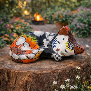 May include: A colorful ceramic cat figurine, hand-painted with intricate patterns in orange, black, white, and brown. The cat is lying down on a tree stump, with a garden and fire pit in the background.