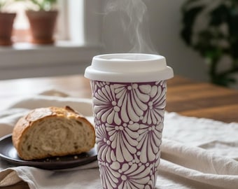 Handmade Talavera Ceramic Travel Cup | Purple Floral Mexican Thermo | Talavera Tumbler | ArteyAlmaMexicana