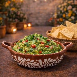 Puede incluir: Un cuenco de guacamole fresco, adornado con cilantro y tomates picados, en un cuenco de cerámica marrón con diseños florales blancos. Las patatas fritas de tortilla están en una cesta de mimbre. La escena está ambientada con decoraciones festivas e iluminación suave.