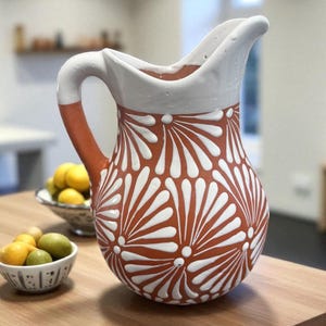 May include: A terracotta-colored ceramic pitcher with a white handle and spout. The pitcher is decorated with a white floral pattern. The pitcher is sitting on a wooden surface.