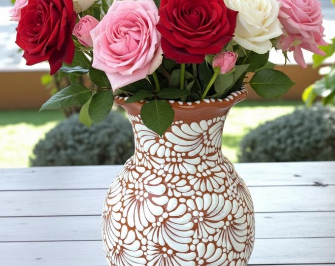 Handmade Mexican Talavera Brown & White Flower Vase Cielito Lindo | Sealed Interior | Decorative Pottery || ArteyAlmaMexicana
