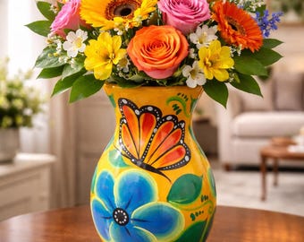 Handgemachte Blumenvase mexikanische Keramik | Monarchfalter & Blumen Print || ArteyAlmaMexicana