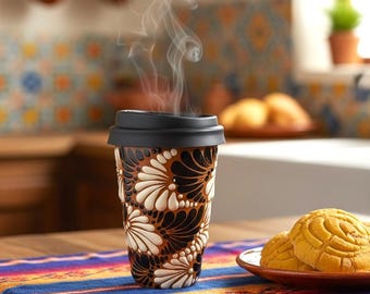Handmade Talavera Ceramic Travel Cup | Brown With White/ Black Floral Design Thermo || ArteyAlmaMexicana