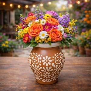 May include: A vibrant floral arrangement in a brown ceramic vase. The bouquet features orange roses, daisies, and other colorful flowers. The vase has a white floral pattern and sits on a wooden table.