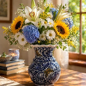 Puede incluir: Un vibrante arreglo floral en un jarrón decorativo azul y blanco. El ramo presenta girasoles, lirios blancos, margaritas e hortensias azules. El jarrón tiene un diseño de mariposas y está sobre una mesa de madera.