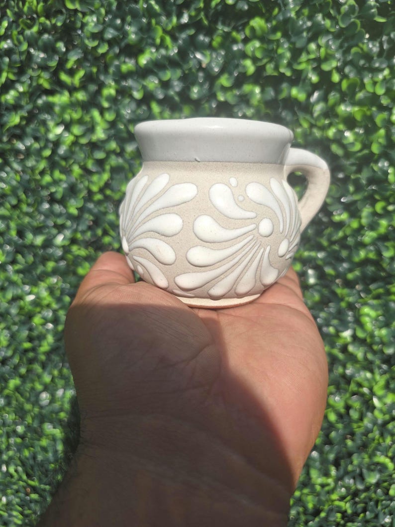 May include: A small, beige ceramic mug with a white floral design and a gray rim and handle. The mug is held in a hand against a green background.