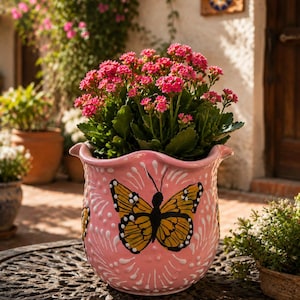 May include: A pink ceramic planter with a scalloped rim, featuring a hand-painted yellow and black monarch butterfly design on the front. The pot is filled with a vibrant cluster of small pink flowers with green leaves, creating a bright display.