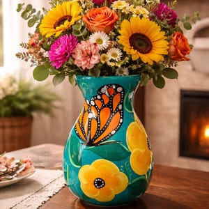 May include: A teal ceramic vase featuring a painted orange monarch butterfly wing and large yellow flowers. The vase is filled with a vibrant bouquet of sunflowers, orange roses, pink dahlias, and small white daisies with green eucalyptus foliage.
